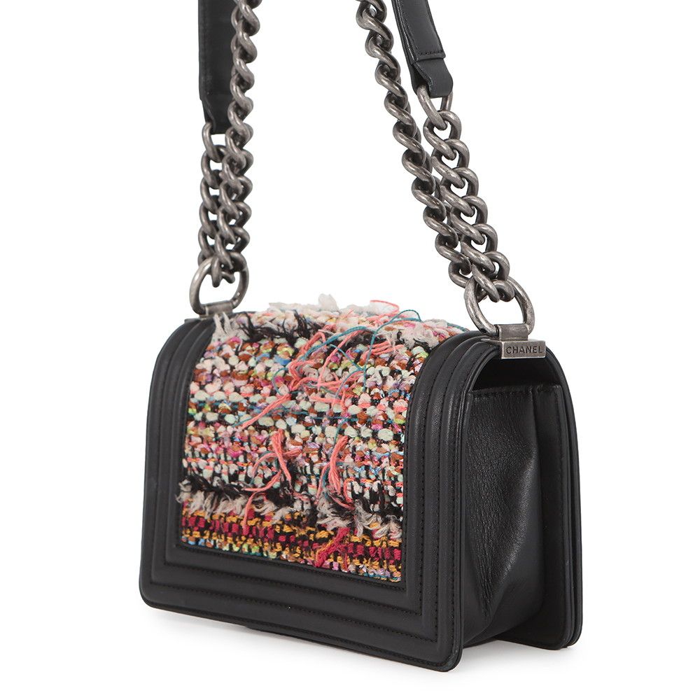 Chanel Chain Shoulder Bag Boy Small Quilted CC Logo Lambskin Tweed Black