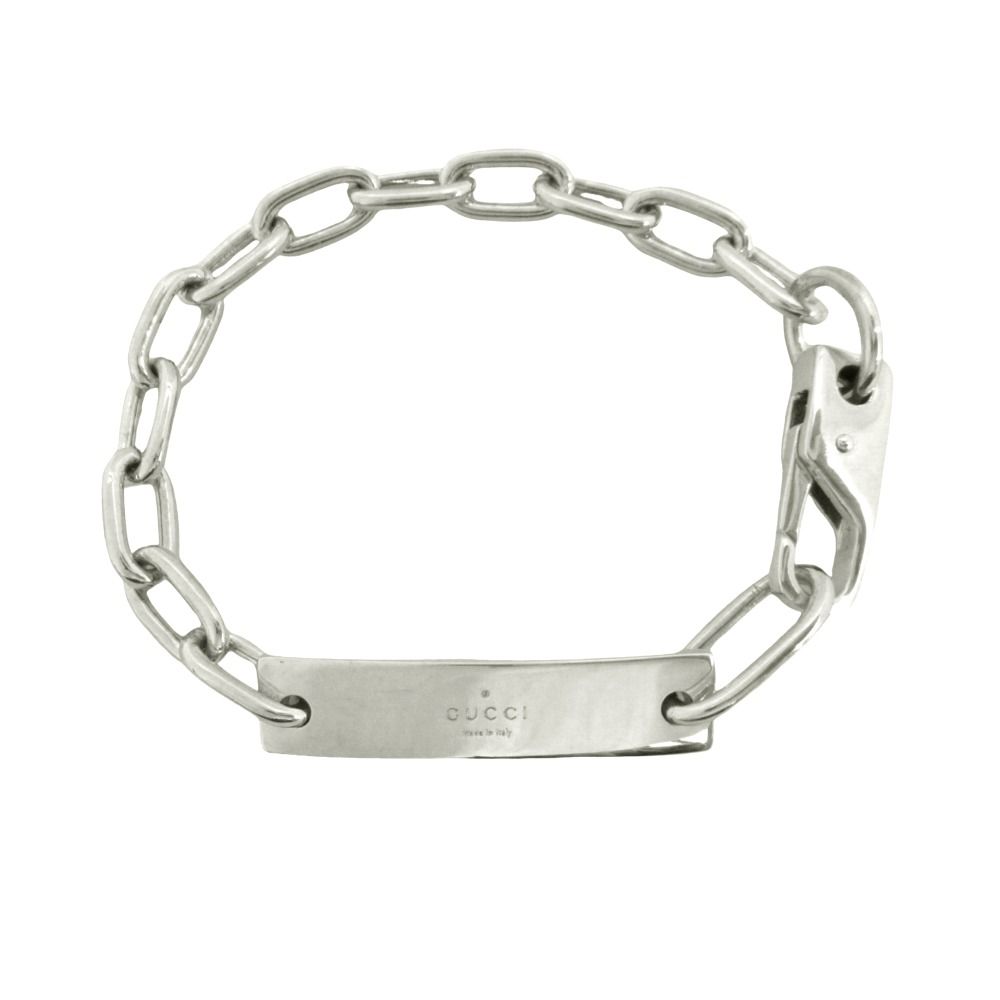 Gucci Polished ID Bracelet Logo Plate Oval Chain Silver