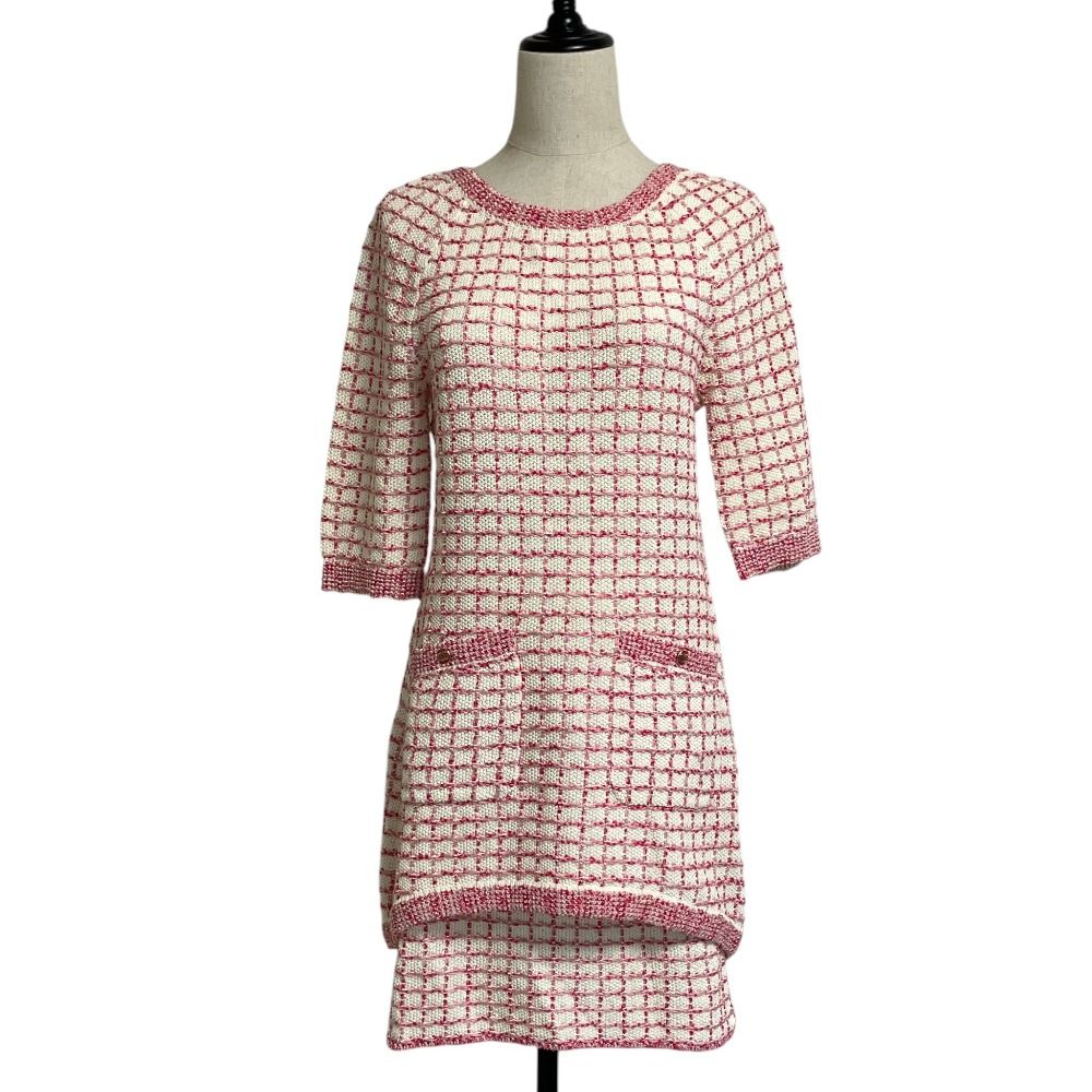 Chanel Check Stitch Knit Dress Set 36 34 Pink