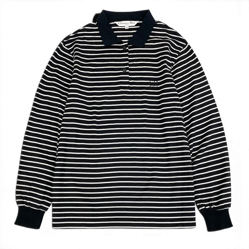 Dior Ig6 Sports Long Sleeve Polo Shirt Border Pattern M Black White Cotton — view 2