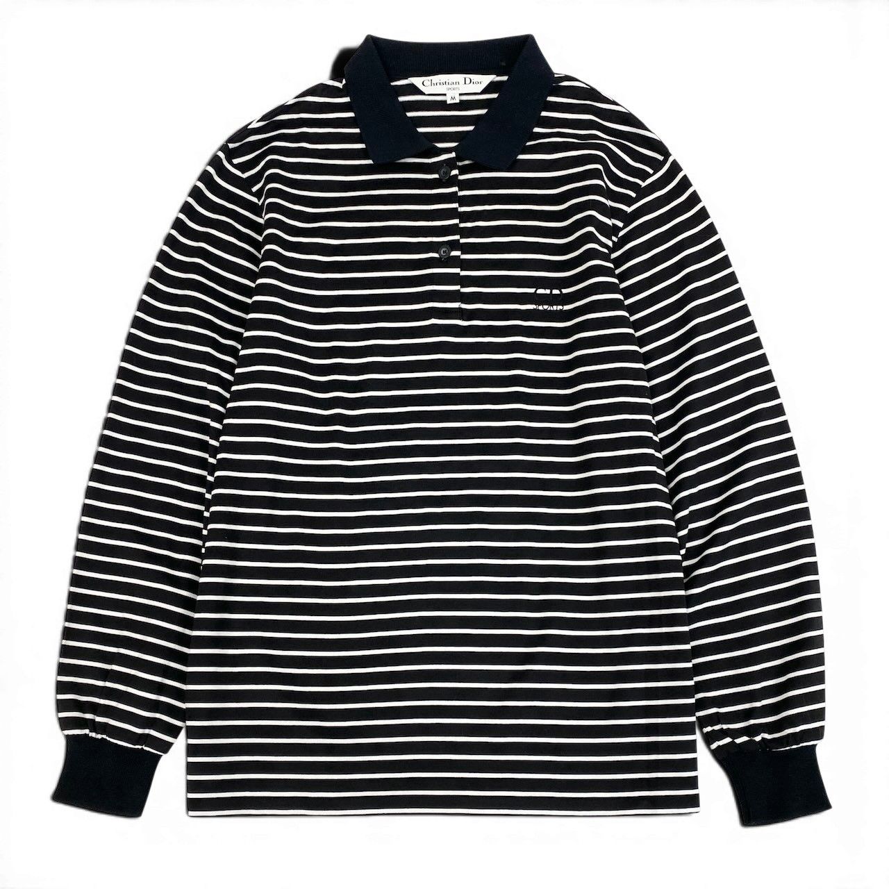 Dior Ig6 Sports Long Sleeve Polo Shirt Border Pattern M Black White Cotton — view 2