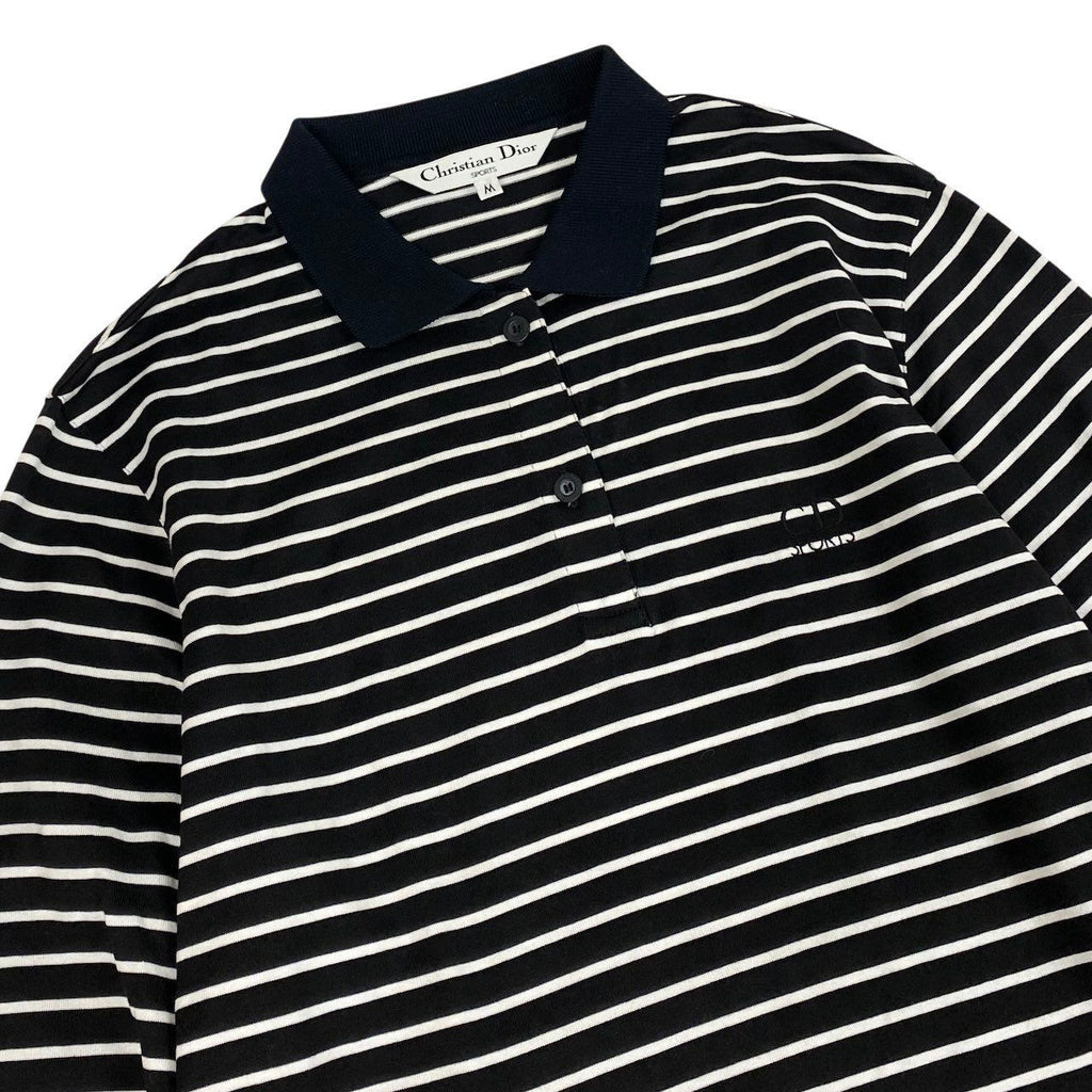 Dior Ig6 Sports Long Sleeve Polo Shirt Border Pattern M Black White Cotton — view 4