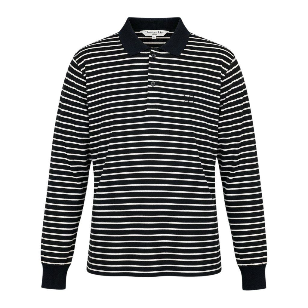 Dior Ig6 Sports Long Sleeve Polo Shirt Border Pattern M Black White Cotton