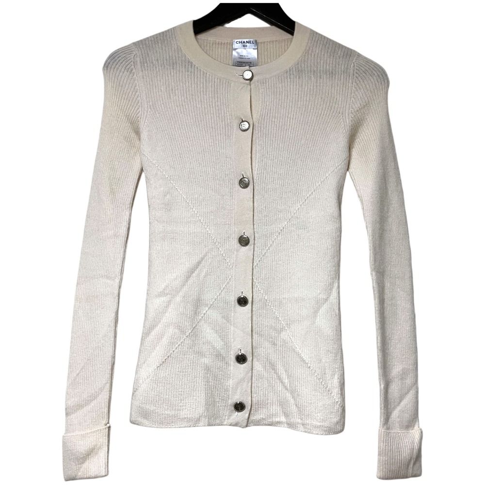 Chanel CC Logo Button Long Sleeve Cashmere Rib Knit Cardigan 34 Ivory