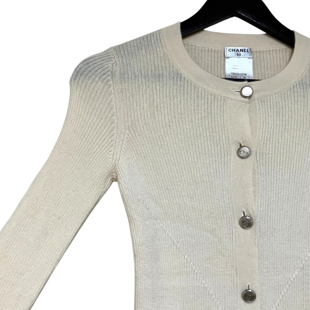 Chanel CC Logo Button Long Sleeve Cashmere Rib Knit Cardigan 34 Ivory — view 3