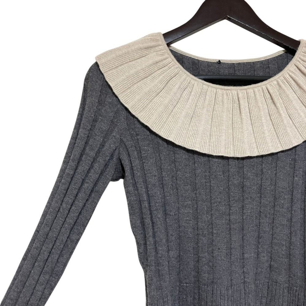 Chanel Frill Color Long Sleeve Wool Wide Rib Knit Gray Beige Sweater — view 3
