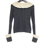 Chanel Frill Color Long Sleeve Wool Wide Rib Knit Gray Beige Sweater — view 2