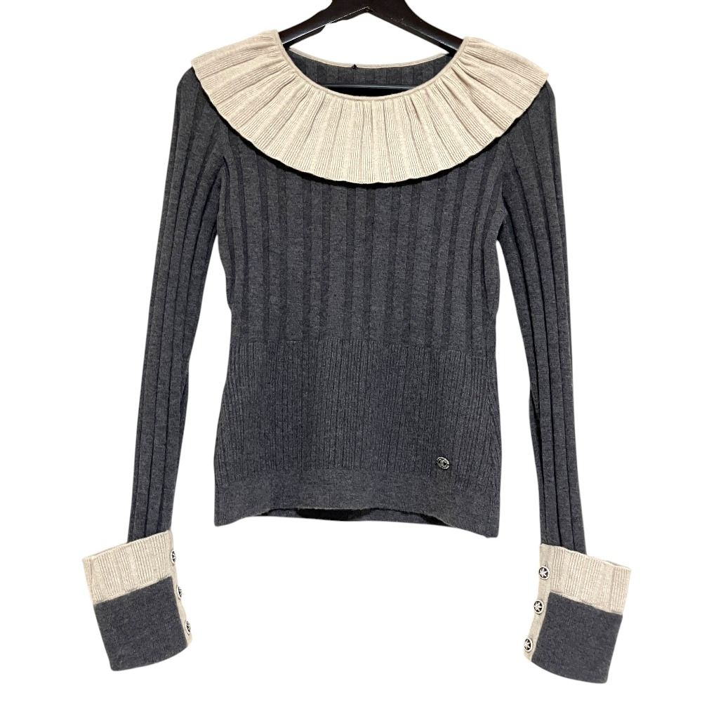 Chanel Frill Color Long Sleeve Wool Wide Rib Knit Gray Beige Sweater