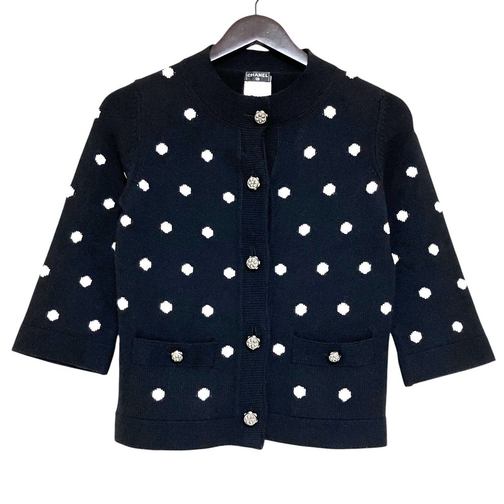 Chanel Dot Pattern Jacquard 3/4 Sleeve Cashmere Knit Cardigan 34 Black White