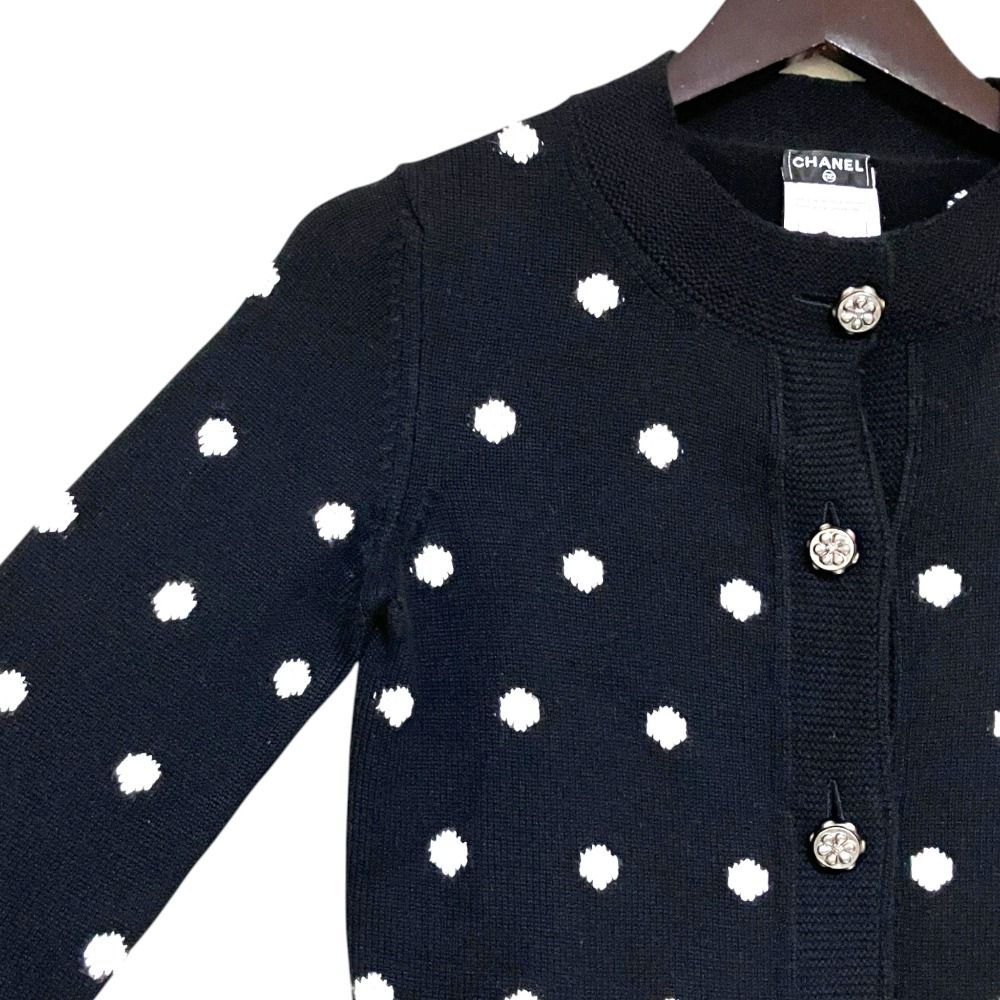 Chanel Dot Pattern Jacquard 3/4 Sleeve Cashmere Knit Cardigan 34 Black White — view 3