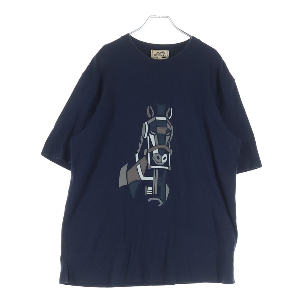Hermes Mega Chariot Front Print Crew Neck Short Sleeve T-Shirt Navy