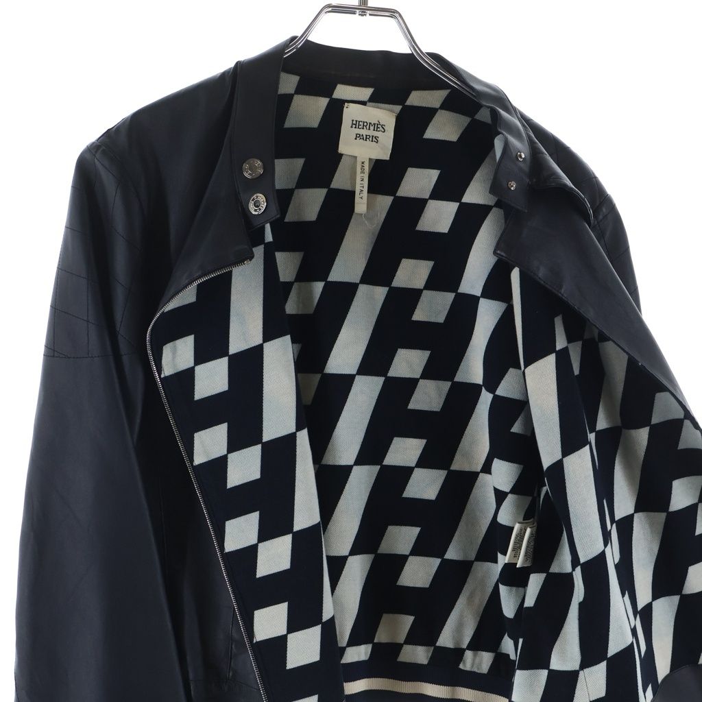 Hermes Series Button Optical Lambskin Single Rider's Jacket Navy — view 5