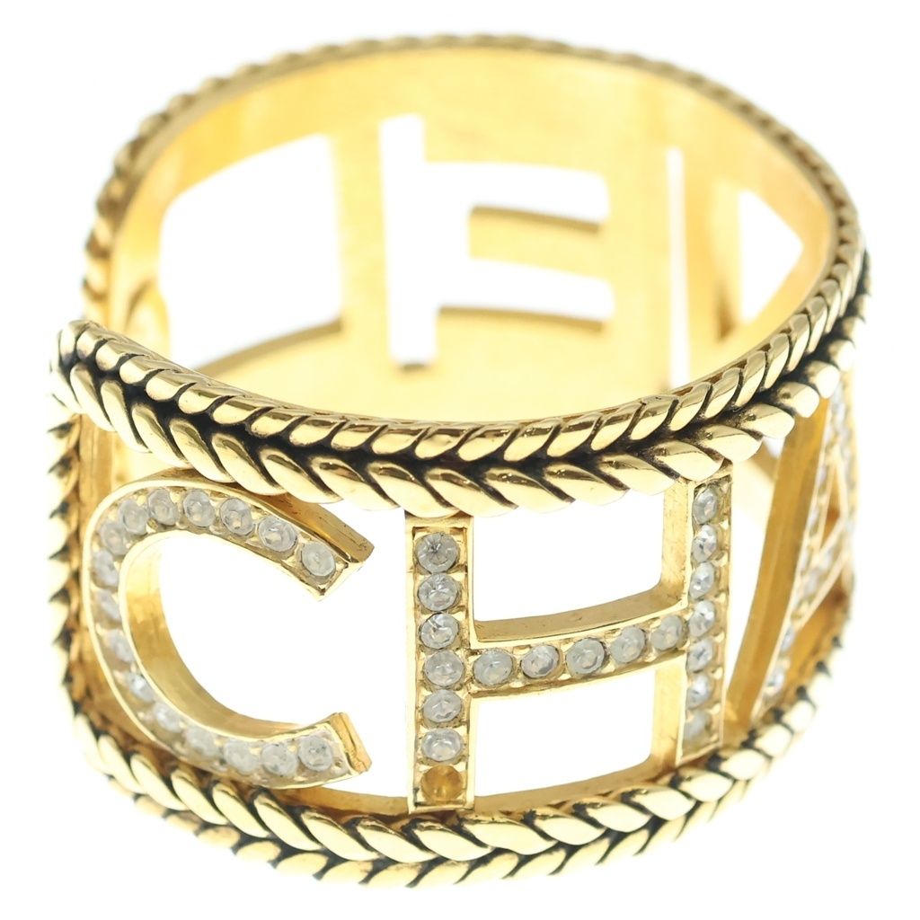 Chanel Logo Rhinestone Bangle Bracelet Gold — view 3