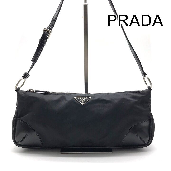 Prada Nylon Tessuto Leather Triangle Logo Shoulder Bag Black