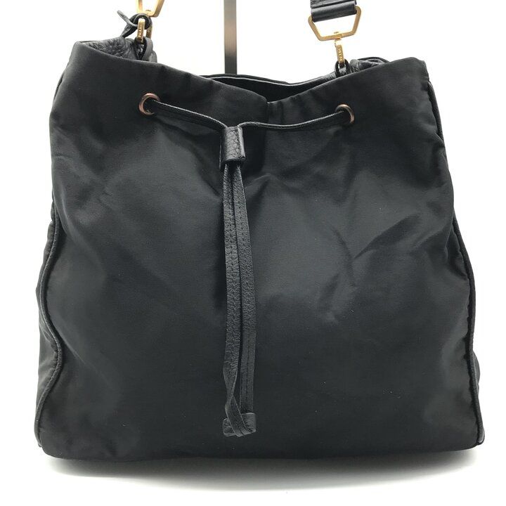 Prada Nylon Leather Drawstring Shoulder Bag Black — view 9