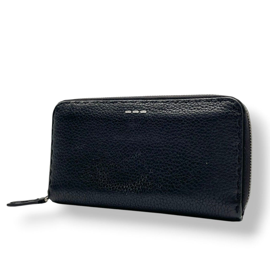 Fendi Wallet Selleria Zip Around Leather Marais the Black Silver Classic Simple