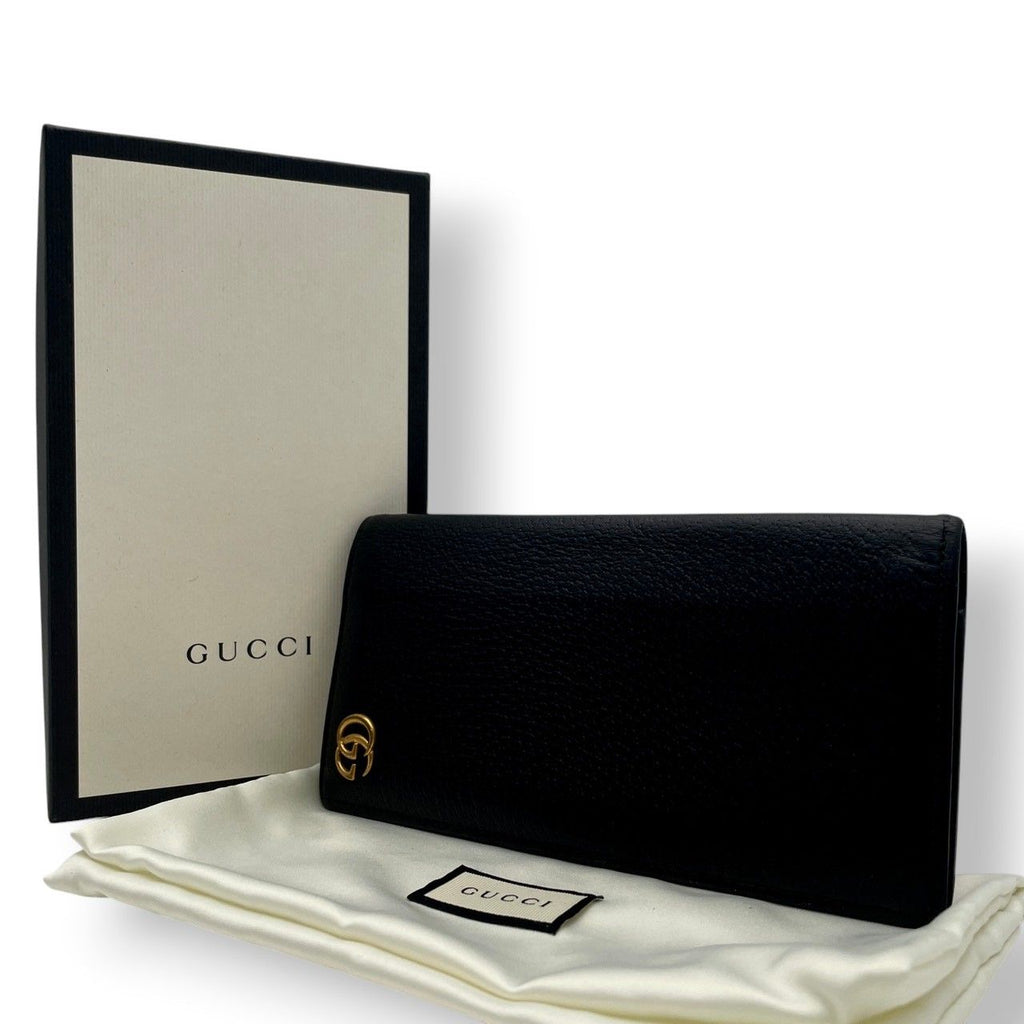 Gucci Wallet GG Marmont Bifold Billfold Leather Black Gold Interlocking Classic