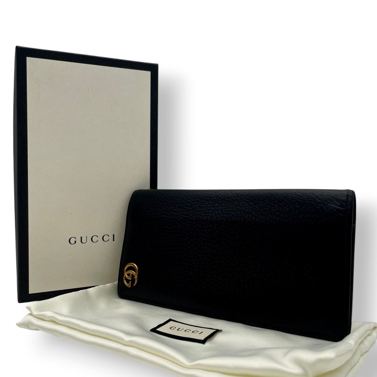 Gucci Wallet GG Marmont Bifold Billfold Leather Black Gold Interlocking Classic
