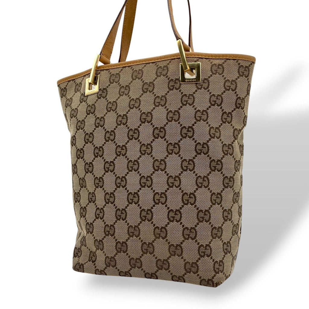 Gucci Tote Handle GG Canvas Leather Beige Light Brown Gold Classic Simple