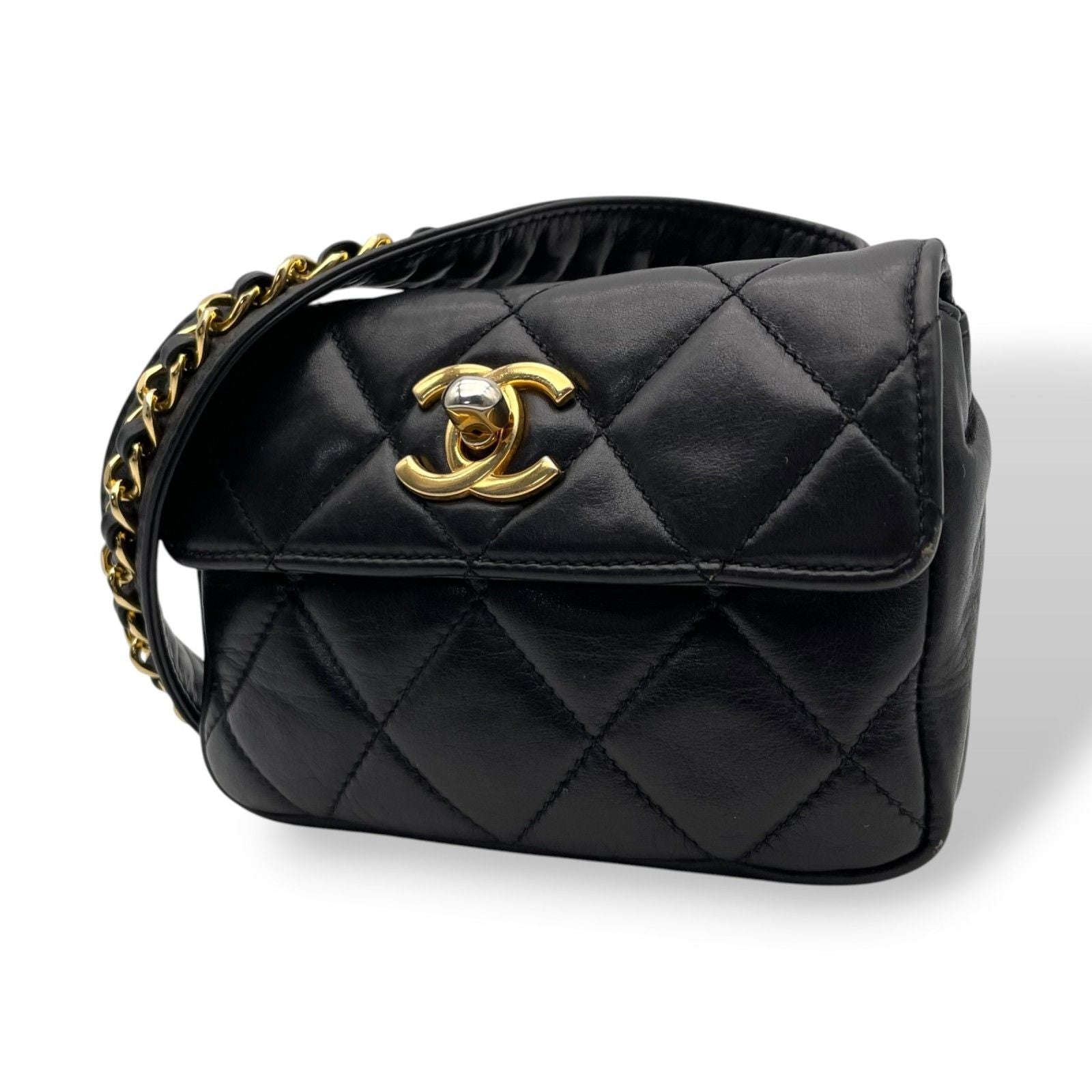 Chanel Quilted Waist Pouch Belt Bag CC Logo Lambskin Leather Black Gold Vintage