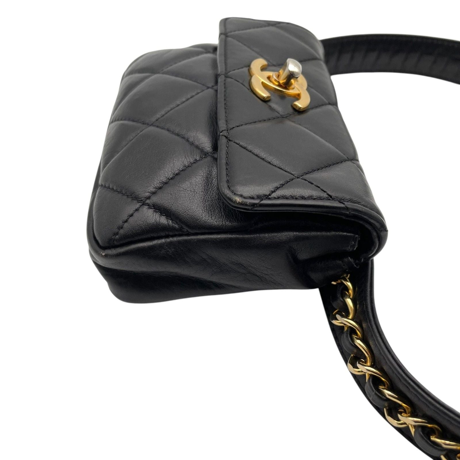 Chanel Quilted Waist Pouch Belt Bag CC Logo Lambskin Leather Black Gold Vintage — view 6