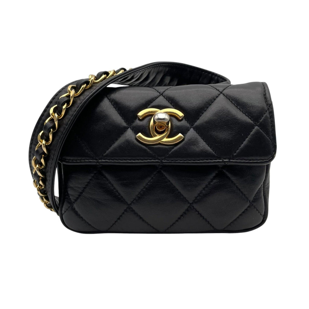Chanel Quilted Waist Pouch Belt Bag CC Logo Lambskin Leather Black Gold Vintage — view 2
