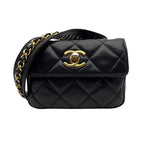 Chanel Quilted Waist Pouch Belt Bag CC Logo Lambskin Leather Black Gold Vintage — view 2