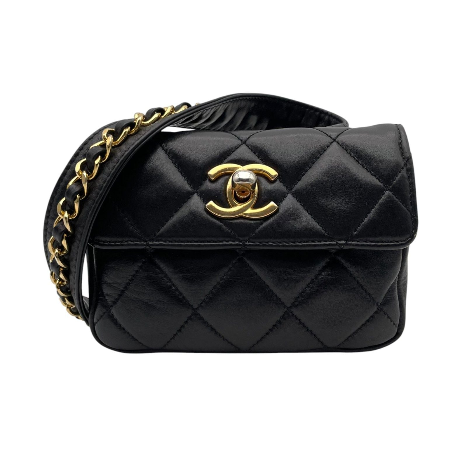 Chanel Quilted Waist Pouch Belt Bag CC Logo Lambskin Leather Black Gold Vintage — view 2