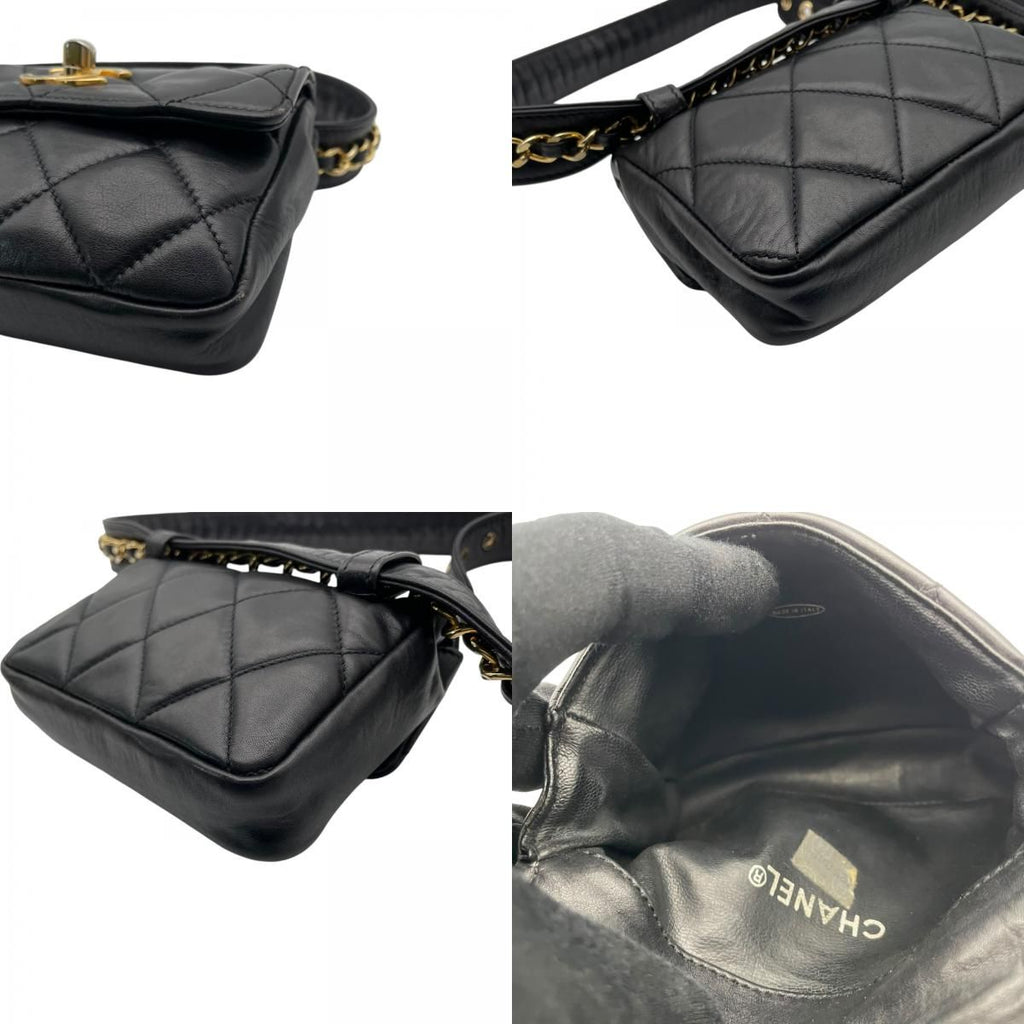 Chanel Quilted Waist Pouch Belt Bag CC Logo Lambskin Leather Black Gold Vintage — view 8