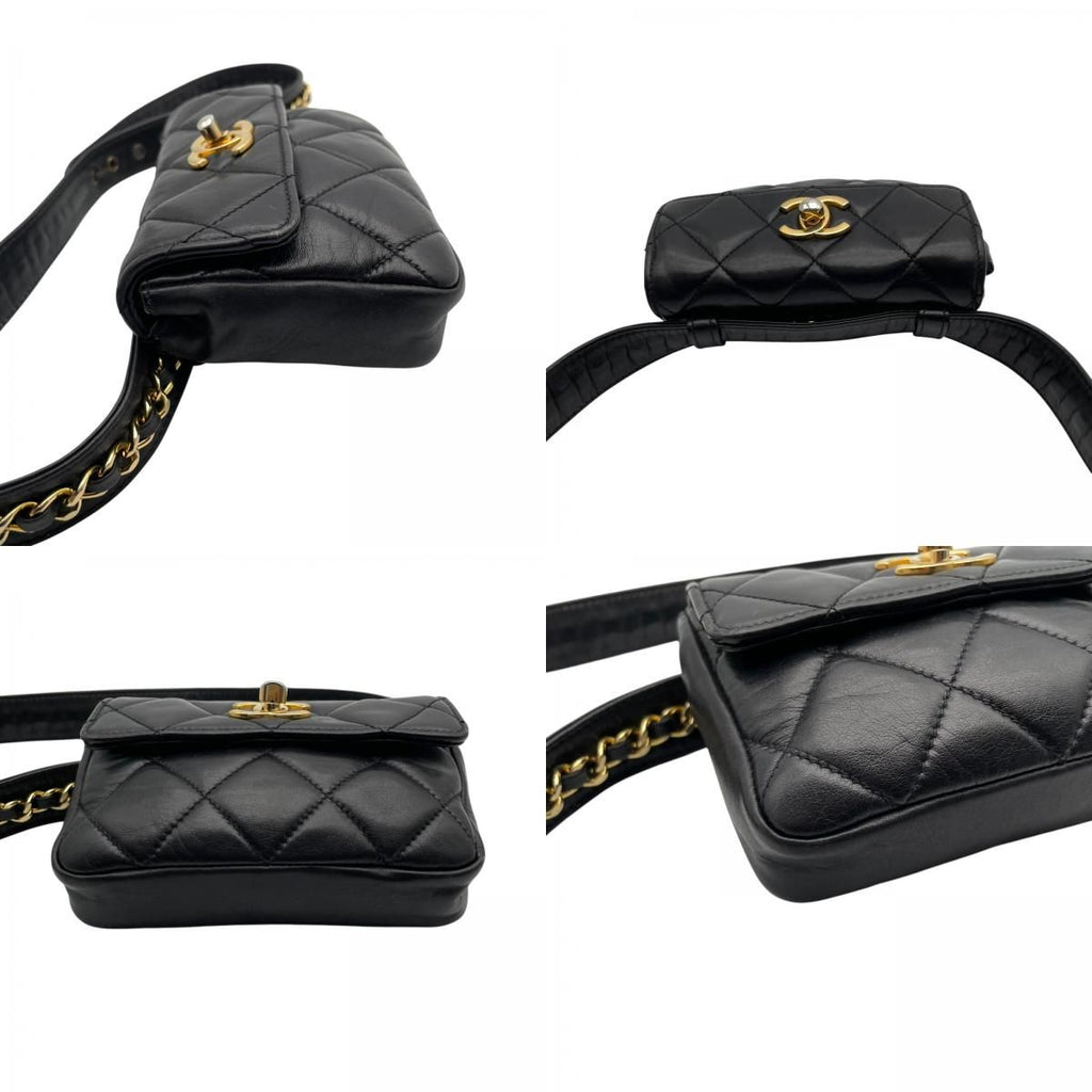 Chanel Quilted Waist Pouch Belt Bag CC Logo Lambskin Leather Black Gold Vintage — view 7