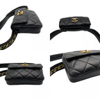 Chanel Quilted Waist Pouch Belt Bag CC Logo Lambskin Leather Black Gold Vintage — view 7