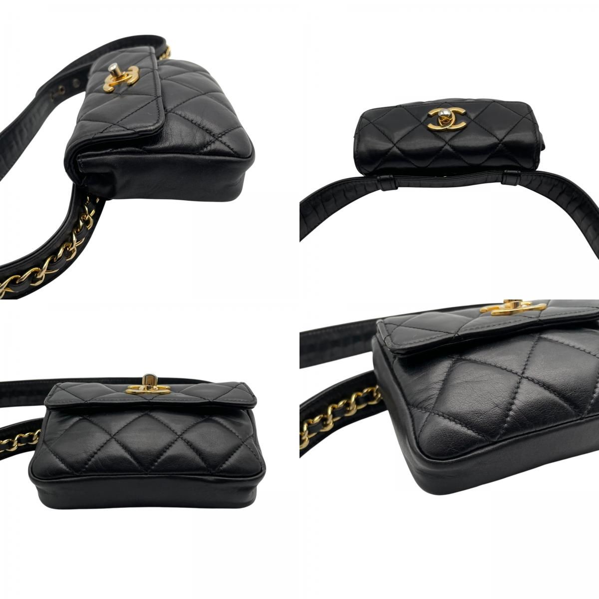 Chanel Quilted Waist Pouch Belt Bag CC Logo Lambskin Leather Black Gold Vintage — view 7