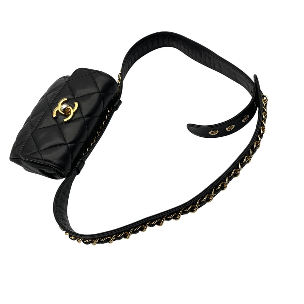 Chanel Quilted Waist Pouch Belt Bag CC Logo Lambskin Leather Black Gold Vintage — view 5