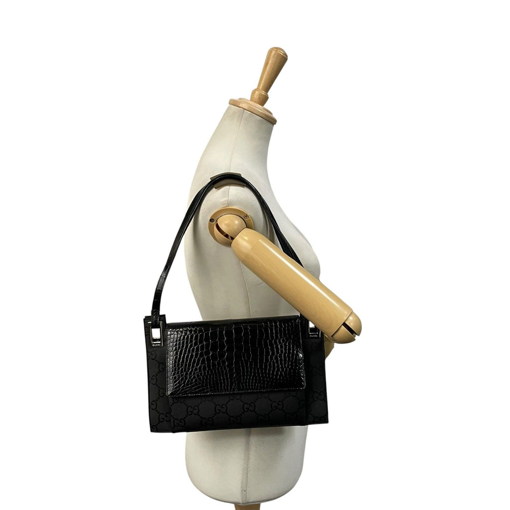 Gucci Shoulder Bag Nylon Patent Croco Embossed Black Silver GG Pattern Vintage — view 4