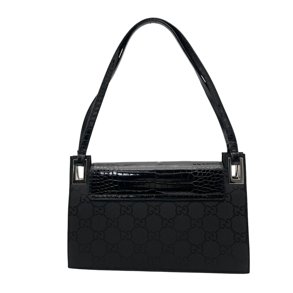 Gucci Shoulder Bag Nylon Patent Croco Embossed Black Silver GG Pattern Vintage — view 3