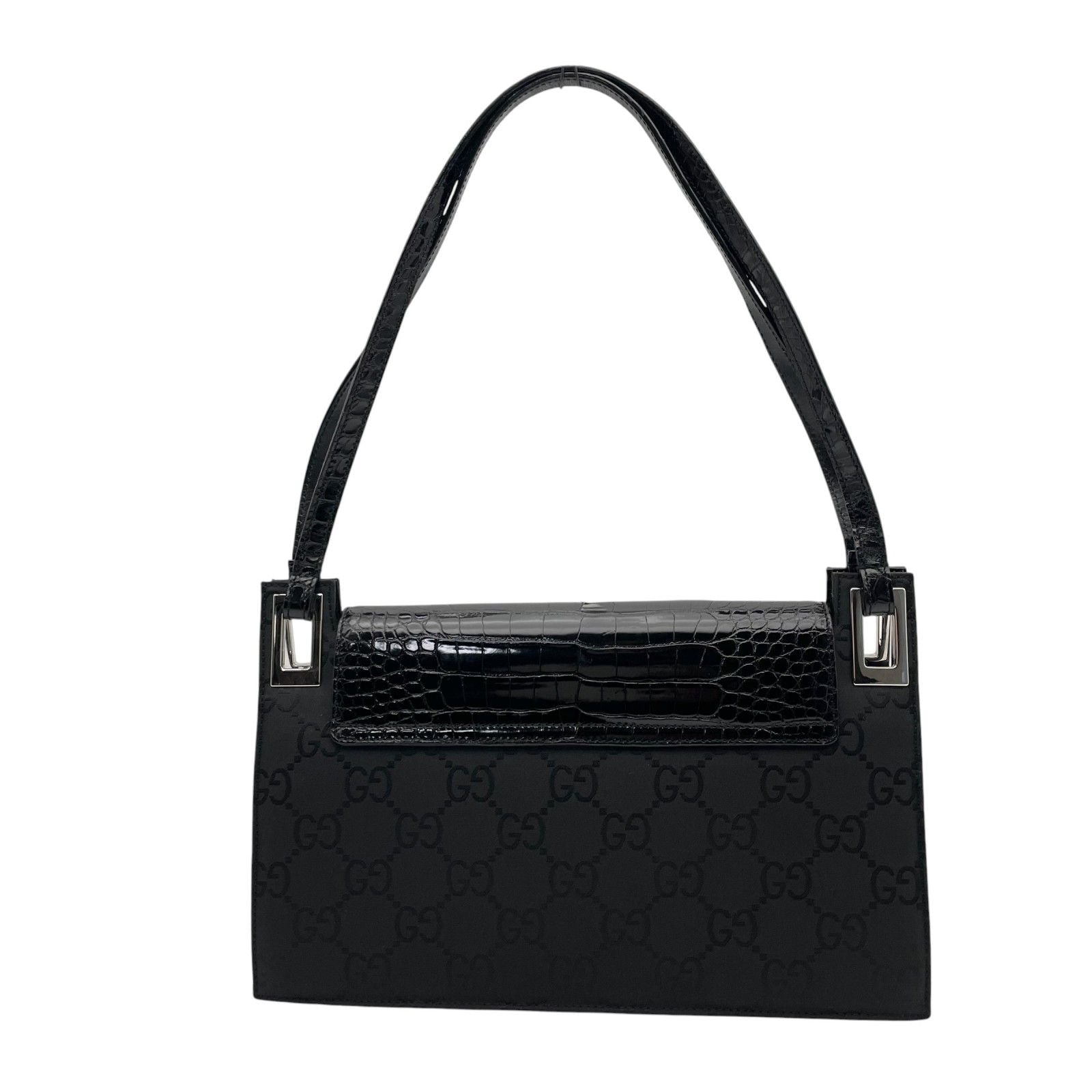 Gucci Shoulder Bag Nylon Patent Croco Embossed Black Silver GG Pattern Vintage — view 3