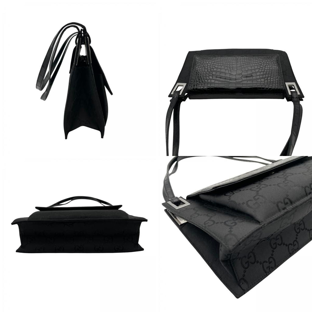 Gucci Shoulder Bag Nylon Patent Croco Embossed Black Silver GG Pattern Vintage — view 7