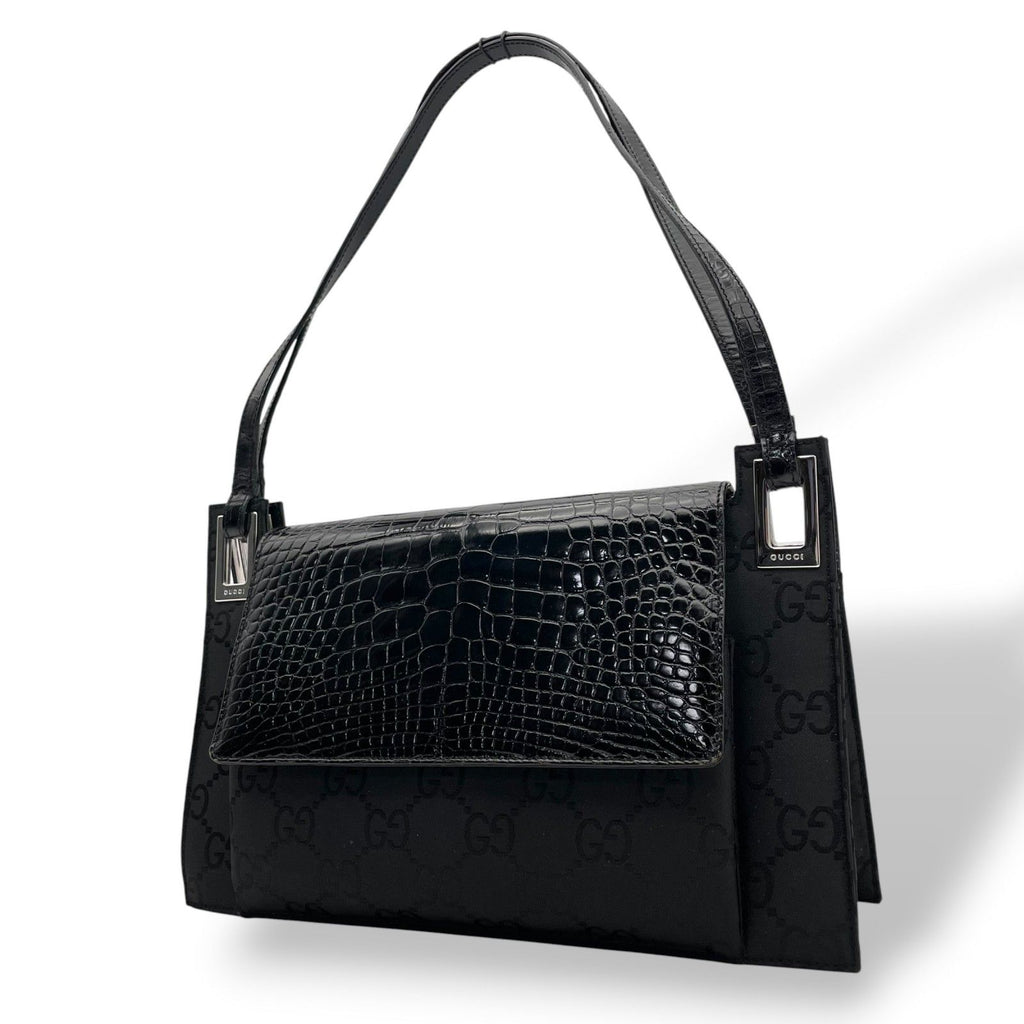 Gucci Shoulder Bag Nylon Patent Croco Embossed Black Silver GG Pattern Vintage
