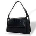 Gucci Shoulder Bag Nylon Patent Croco Embossed Black Silver GG Pattern Vintage