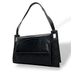 Gucci Shoulder Bag Nylon Patent Croco Embossed Black Silver GG Pattern Vintage
