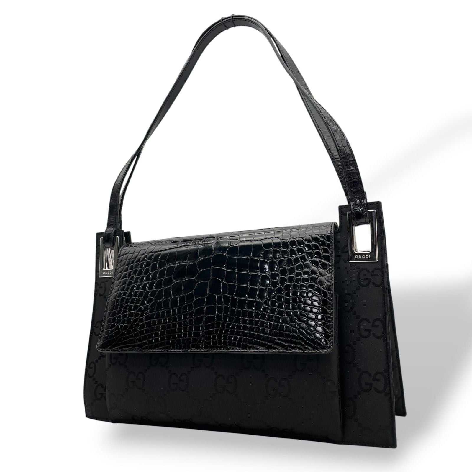 Gucci Shoulder Bag Nylon Patent Croco Embossed Black Silver GG Pattern Vintage