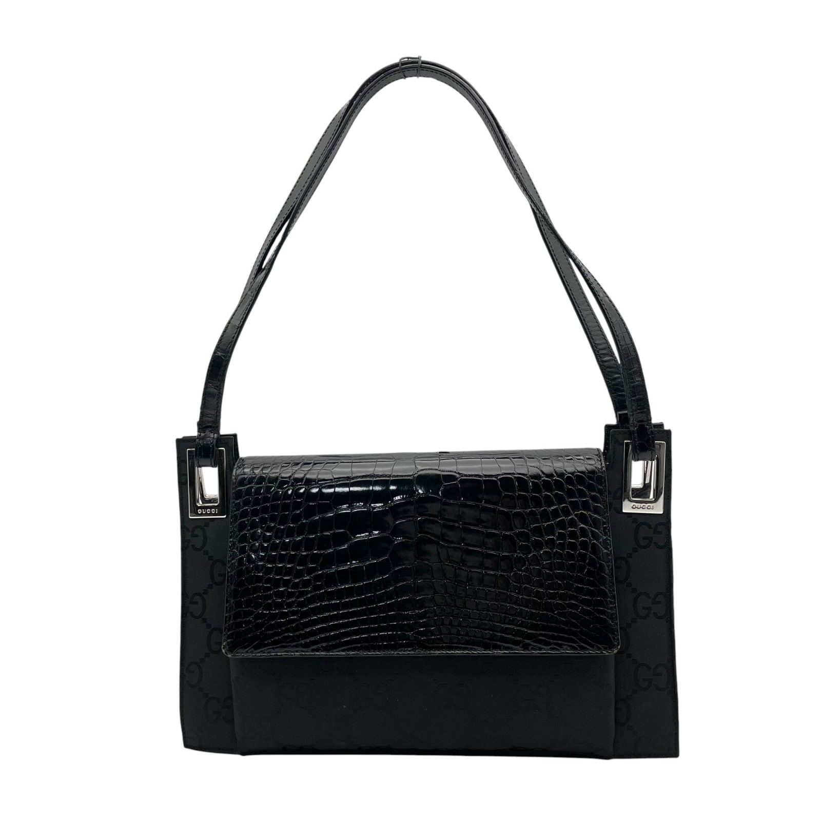 Gucci Shoulder Bag Nylon Patent Croco Embossed Black Silver GG Pattern Vintage — view 2