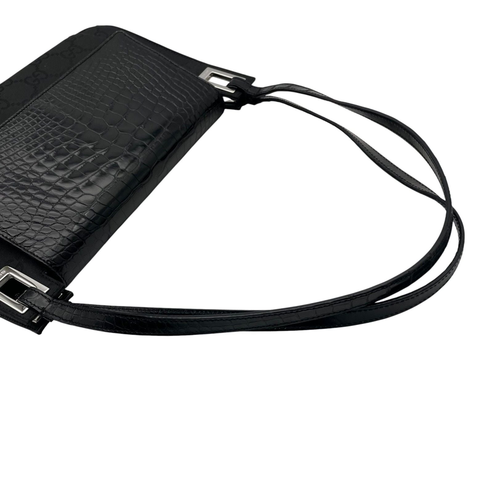 Gucci Shoulder Bag Nylon Patent Croco Embossed Black Silver GG Pattern Vintage — view 5