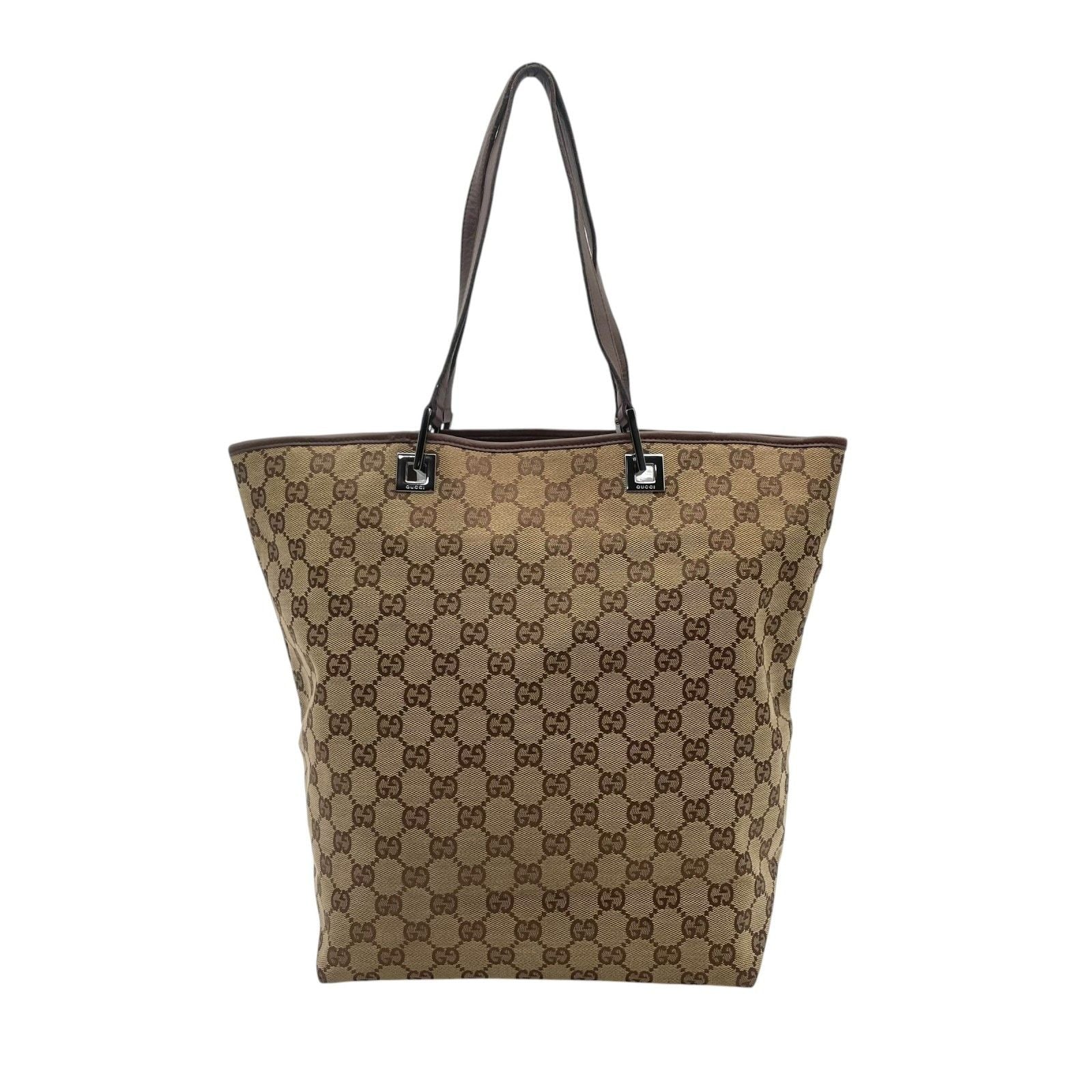 Gucci Tote Handle GG Canvas Leather Beige Dark Brown Silver Classic Simple — view 2