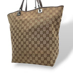 Gucci Tote Handle GG Canvas Leather Beige Dark Brown Silver Classic Simple