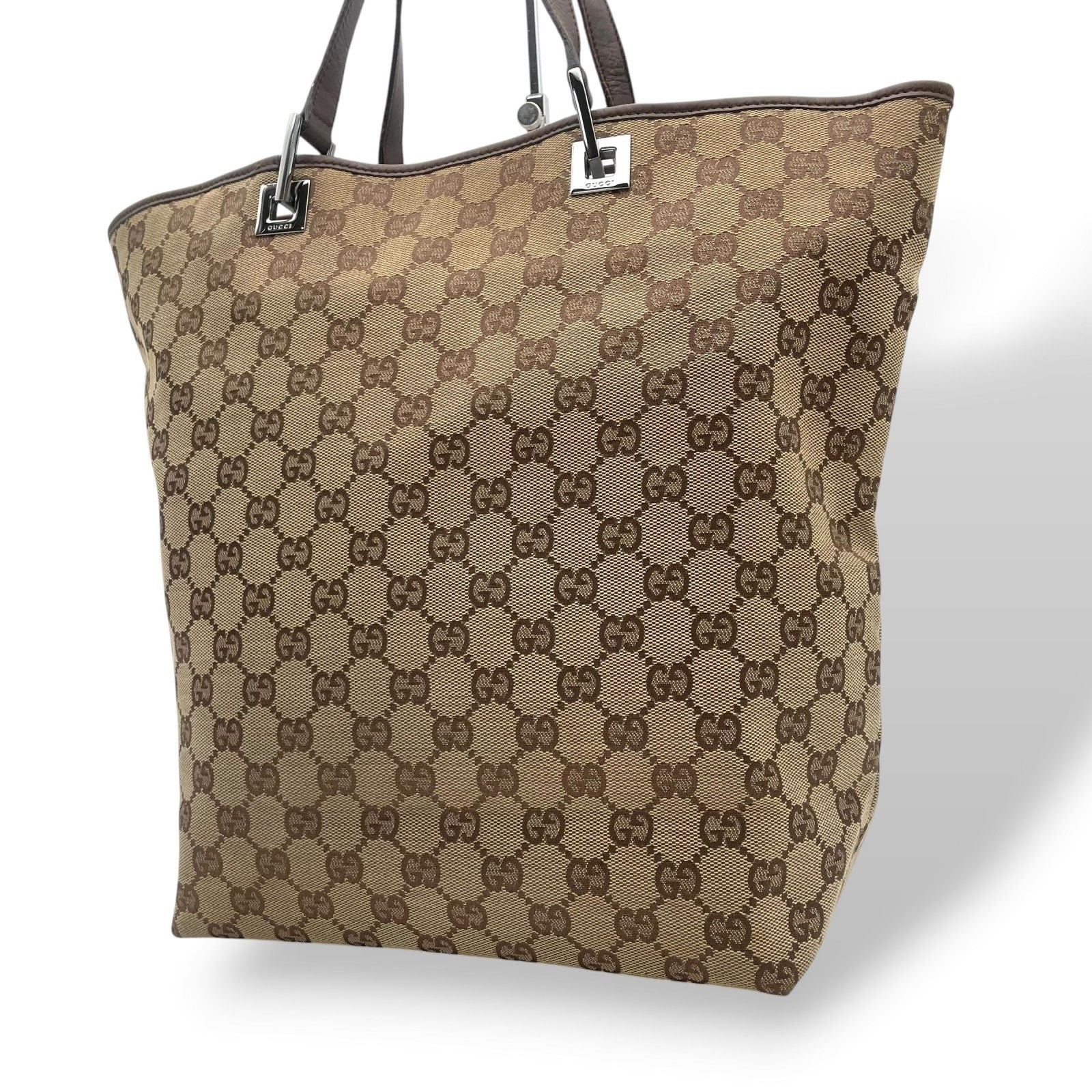 Gucci Tote Handle GG Canvas Leather Beige Dark Brown Silver Classic Simple