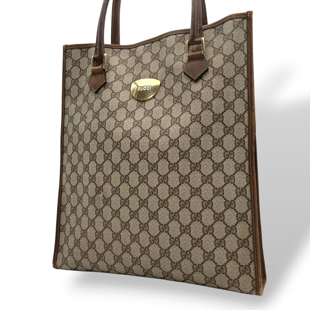 Gucci Tote Handle Vintage GG Plus Leather Gray Brown Gold Simple Business Daily