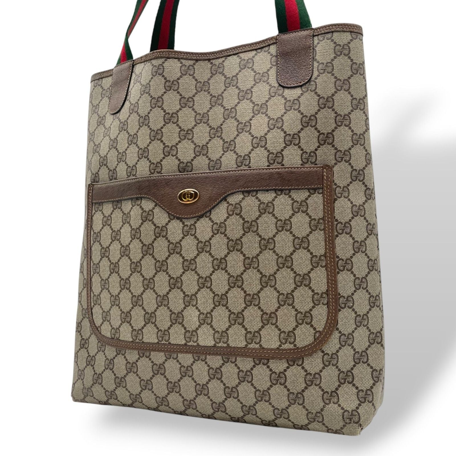 Gucci Tote Handle Vintage Sherry Line GG Plus Leather Gray Judah Brown Gold