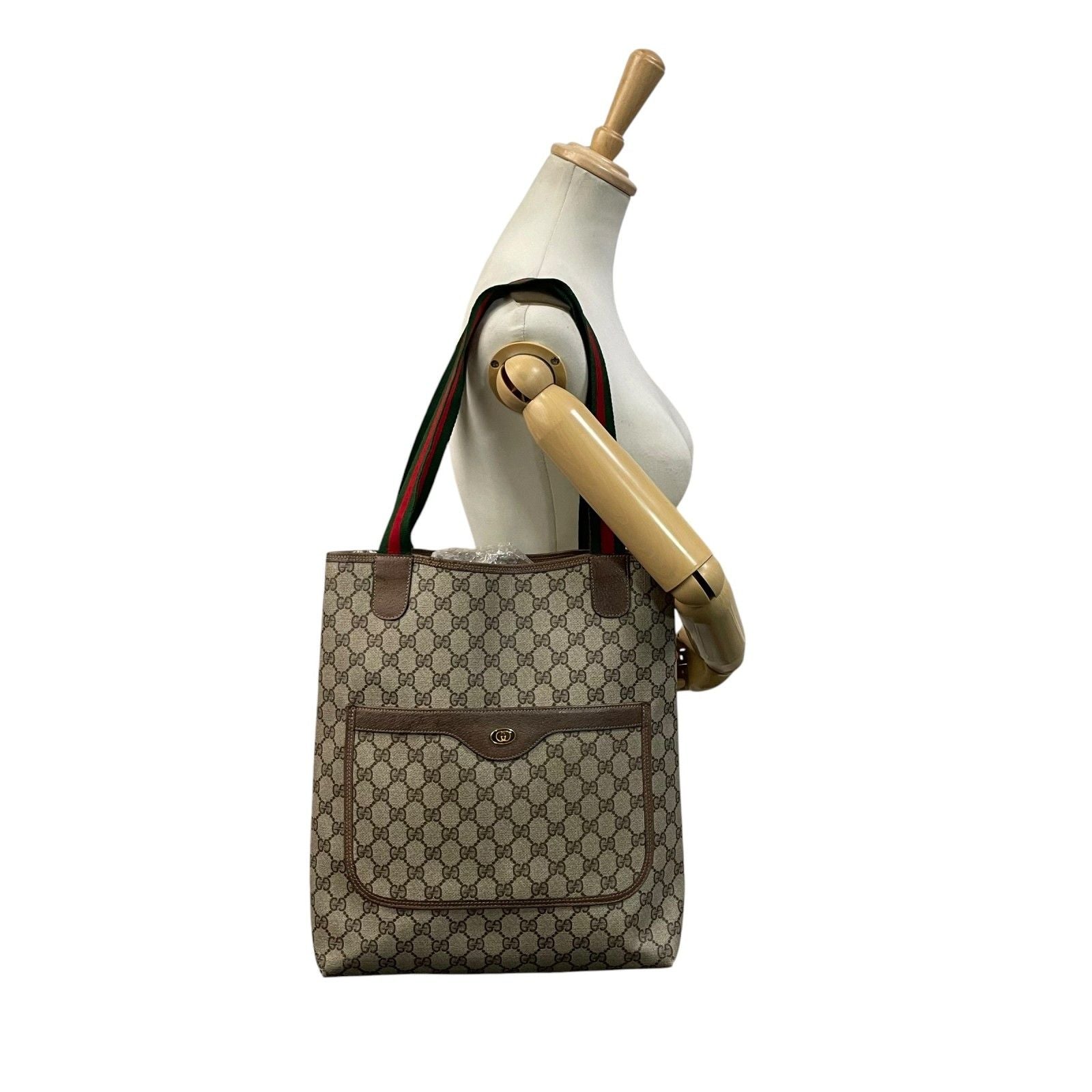 Gucci Tote Handle Vintage Sherry Line GG Plus Leather Gray Judah Brown Gold — view 4