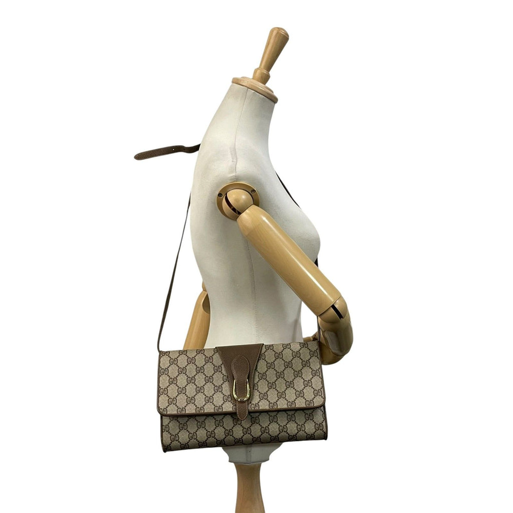 Gucci Shoulder Bag Crossbody Vintage GG Plus Leather Gray Brown Gold Simple — view 4